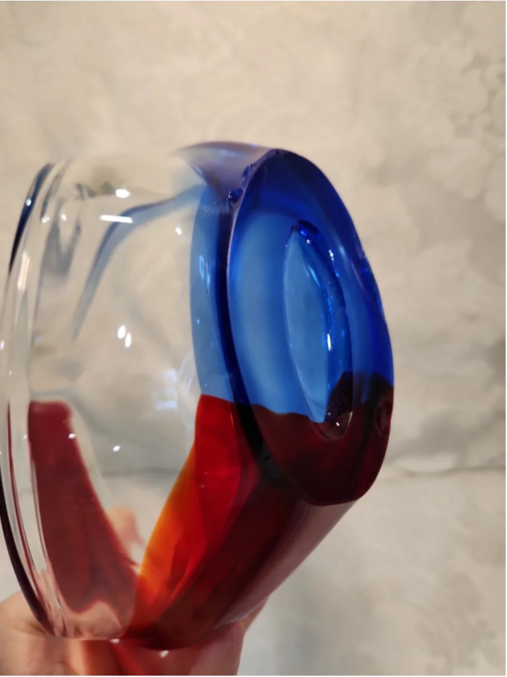 Vintage Art Glass Basket Vase Blue Red Stretched Handle Centerpiece Candy Dish